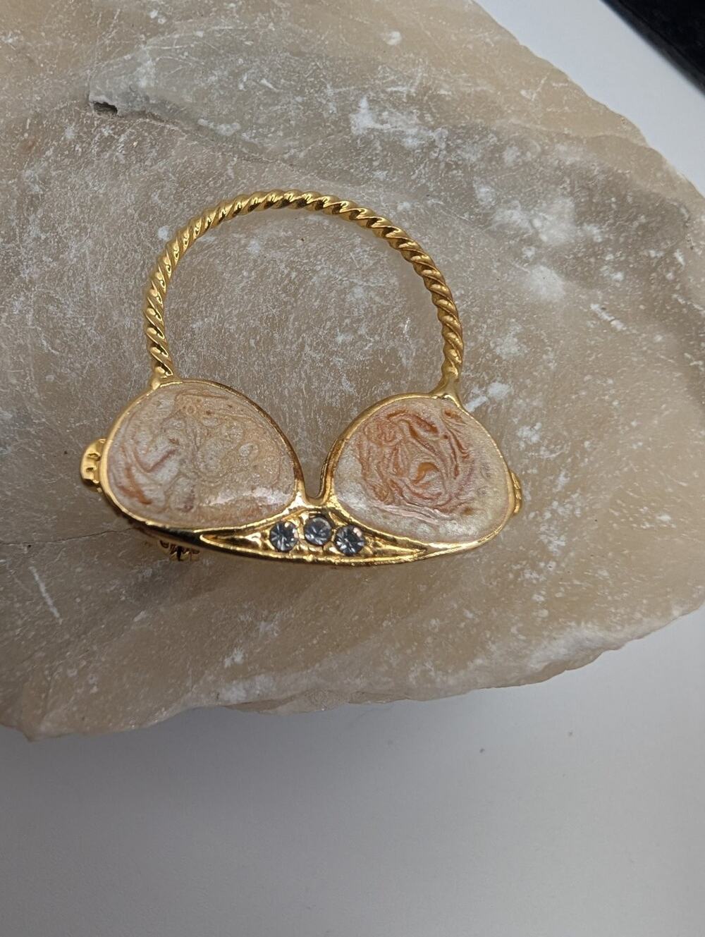 Vintage Gold Tone Bikini Bra Top/Sunglasses? Brooch Pin Rhinestone Enamel Swirl